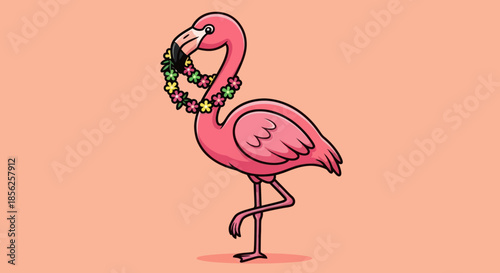 Cartoon flamingo wearing a flower lei stands against a peach background