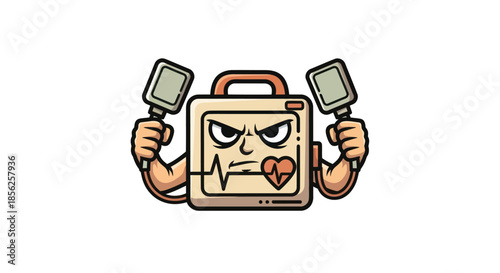 Animated defibrillator with arms, holding paddles. An angry face is on the machine