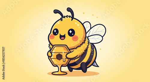 A cheerful cartoon bee holds a honey pot with dripping honey, against a soft yellow background