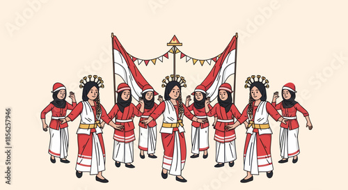 Illustration depicts a group of women in red and white traditional clothing performing