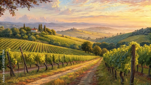Wallpaper Mural Sunlit vineyard landscape with rolling hills and farmhouse at golden hour, romantic countryside painting for wine-themed decor, travel promotions, lifestyle blogs, culinary branding, or editorial Torontodigital.ca