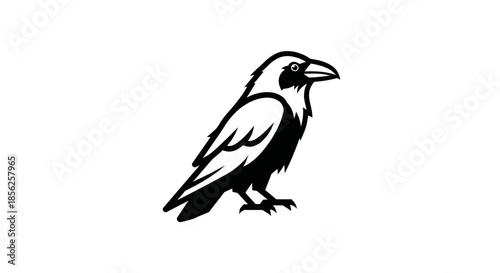 Black and white stylized illustration of a crow, perched, facing right. Minimalist design
