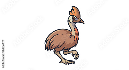 Cartoon illustration of a large, brown flightless bird with a distinctive casque, walking