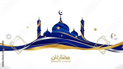 Ramadan Kareem Greeting with Mosque Silhouette and Abstract Waves