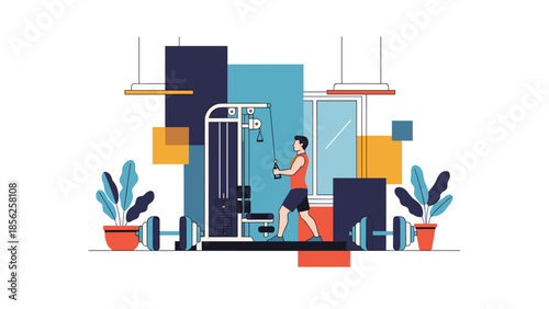 Man Exercising on a Weight Machine in a Modern Gym.