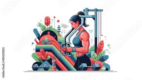 Woman Exercising on Lat Pulldown Machine in Gym with Colorful Design.