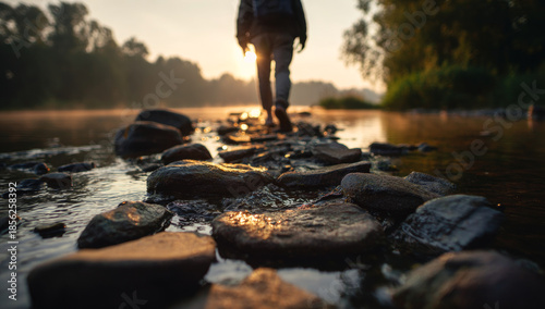 Man walking on stones in water along a natural stone path during sunset