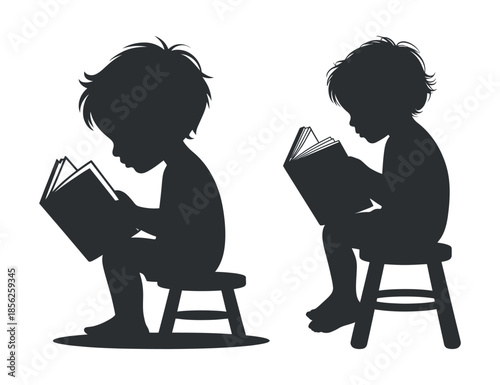 Two children are absorbed in reading books while sitting on chairs a silhouette illustration high quality