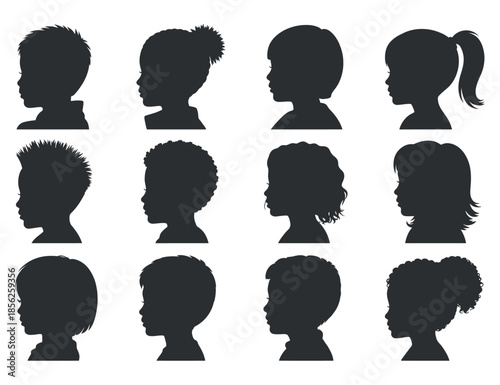 Diverse silhouettes of children s heads showcasing a variety of hairstyles and facial profiles in a collection