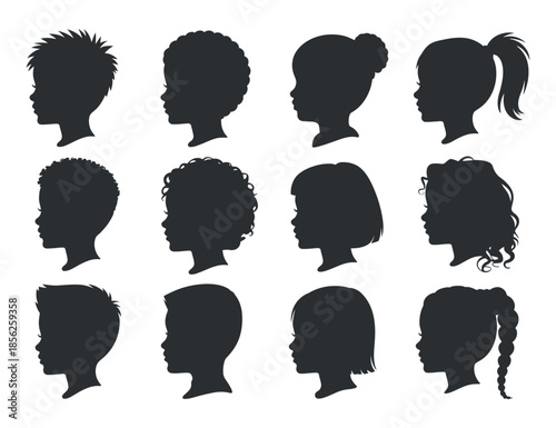 Diverse silhouettes of children s heads in profile showcasing a variety of hairstyles and ethnic appearances