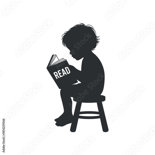 A silhouette of a young child engrossed in reading a book while comfortably seated on a wooden stool