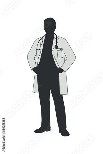 A striking silhouette of a doctor in a lab coat hands on hips presents a professional medical image