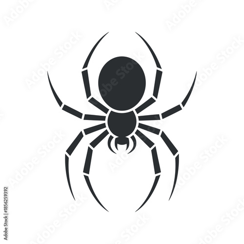A striking black silhouette of a spider with eight legs prominently displayed against a white background