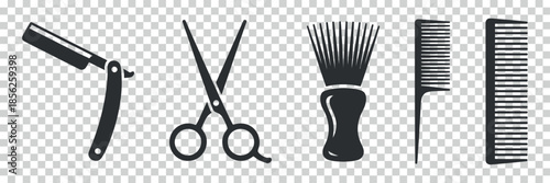 a collection of barber tools including a straight razor scissors brush and various hair combs displayed
