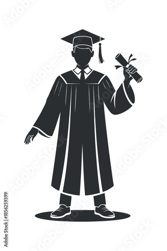 A silhouette of a graduating student holding a diploma wearing a cap and gown symbolizing academic achievement