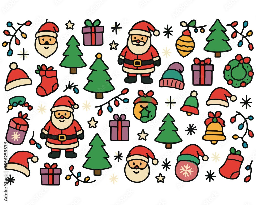 Fototapeta premium Cute cartoon Christmas icons set featuring Santa Claus, snowman, reindeer, and winter holiday elements like trees and gifts for a festive New Year celebration vector illustration