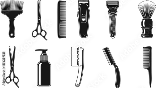 Barber shop tools vector illustration set, hair cutting equipment icons, scissors clippers razors combs brushes, professional grooming accessories collection