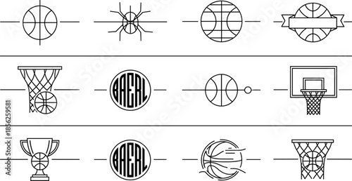 Basketball line icons and symbols set, minimalist black vector illustration collection featuring ball, hoop, basket, trophy, logo elements for sports design