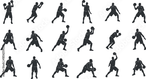 Basketball player silhouette vector set, dynamic dribbling passing shooting poses illustration, black and white sports action collection for training graphics branding icons