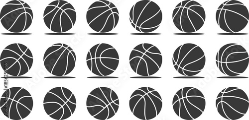 Basketball silhouettes vector set, sports ball collection in multiple angles and line patterns for game design, branding, infographics, and athletic graphics