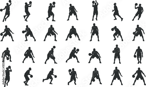 Basketball player vector illustration set, black and white athlete silhouettes, dribbling shooting action poses, professional sport movement collection, minimal solid design