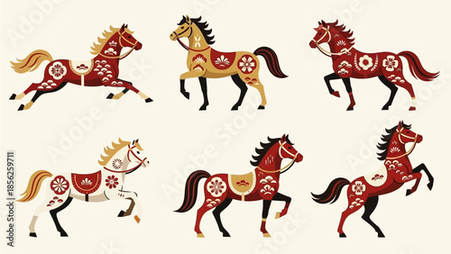 Illustrated set of six traditional Japanese-Chinese New Year horses, perfect for festive decoration and cultural celebration