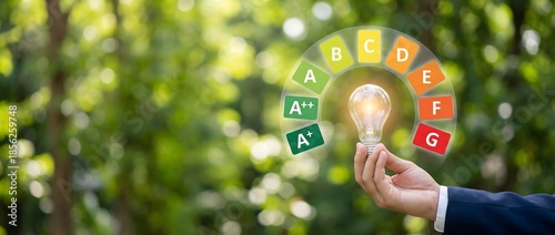 Energy efficiency rating concept with hand holding glowing light bulb and colorful efficiency scale, sustainable power usage and smart energy saving idea
