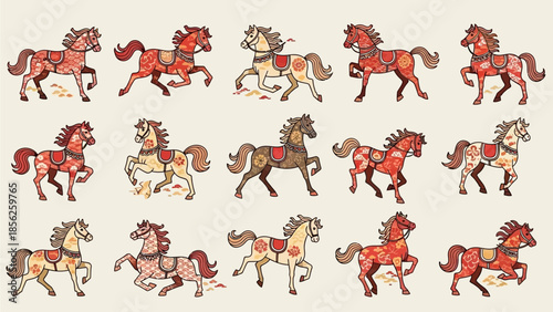 Vibrant Decorative Horses for Japanese-chinese New Year Celebrations, a Collection of Ornate Traditional Asian Art Illustrations with Intricate Patterns