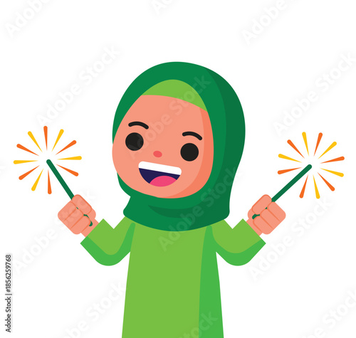 Cheerful muslim female kid celebrating with fireworks illustration