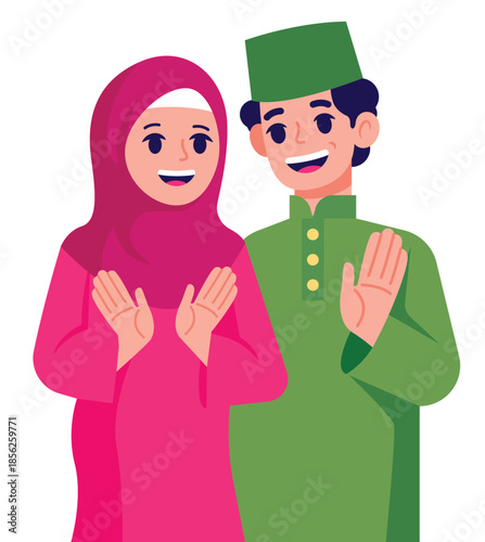 Muslim couple in traditional clothing waving hands greeting illustration