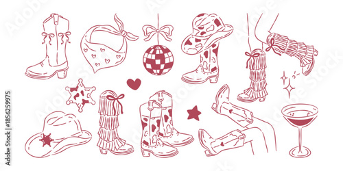 Hand-drawn collection of trendy cowgirl boots, disco ball, and Western accessories in rustic line-art for party design.