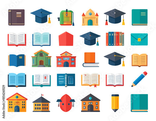 Collection of School and University Icons representing education, learning, and academic achievement