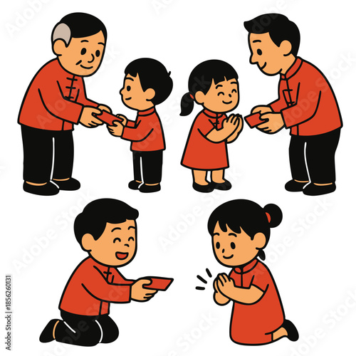 Celebration of tradition with family exchanging red envelopes, symbolizing good luck