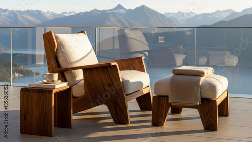 Modern wooden armchair on luxury balcony terrace with scenic mountain lake view.