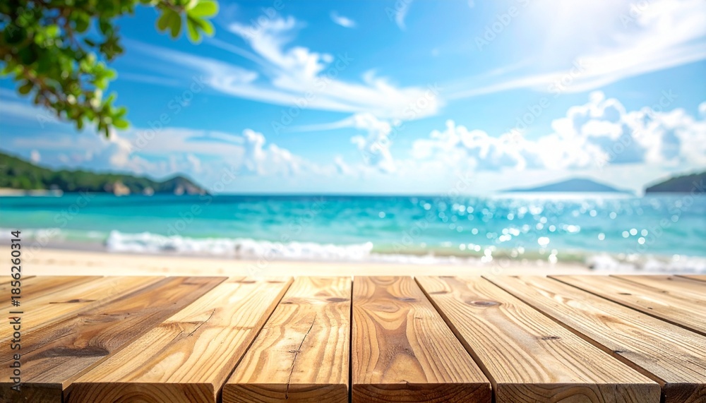 Fototapeta premium Empty wooden table on a beautiful tropical beach with turquoise ocean and blue sky.