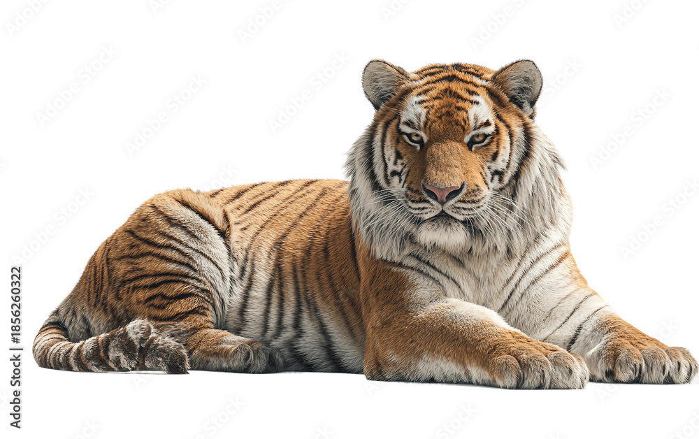 Obraz premium Bengal tiger lying majestically showing detailed stripes, muscular body, and serene expression isolated on transparent background PNG