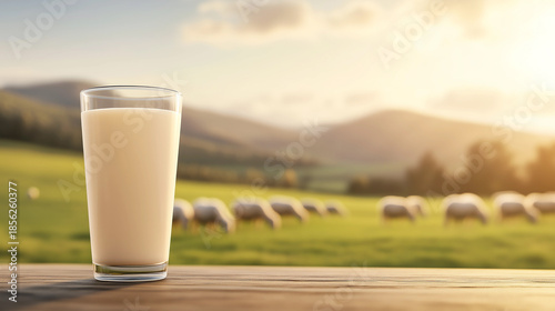 A glass of milk on a wooden table in the pasture