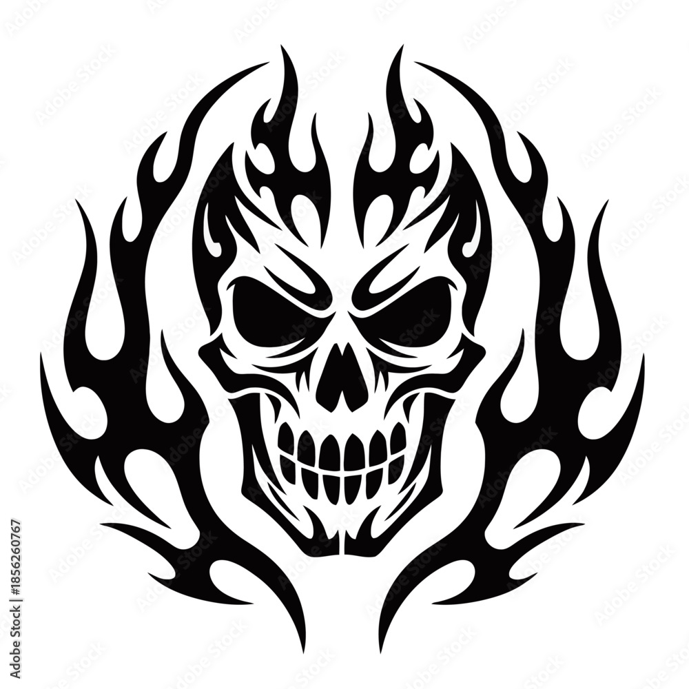 Fototapeta premium A black and white tribal-style graphic of a menacing skull engulfed in flames, suitable for a tattoo or emblem design.