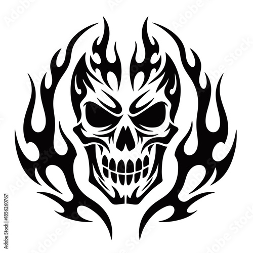 A black and white tribal-style graphic of a menacing skull engulfed in flames, suitable for a tattoo or emblem design.