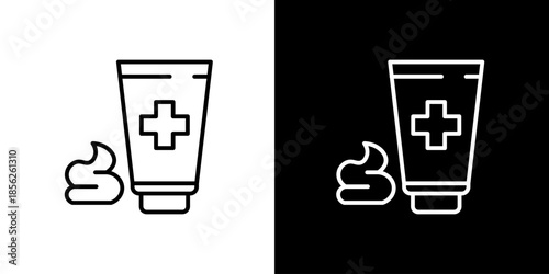 Linear vector icon depicting a tube of medicinal cream with a prominent medical cross symbol and a dispensed dollop of product, representing health, healing, and personal care