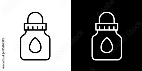 Medical dropper bottle icon on black and white backgrounds for science and health applications