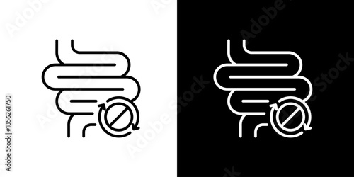 Icon illustration of human intestines with a blocked or unhealthy digestive system symbol, representing gut problems, discomfort, or impaired intestinal function