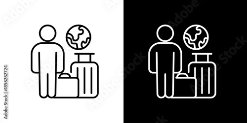 Minimalist vector icon representing international travel, featuring a person with luggage and a world globe, perfect for global mobility and tourism concepts