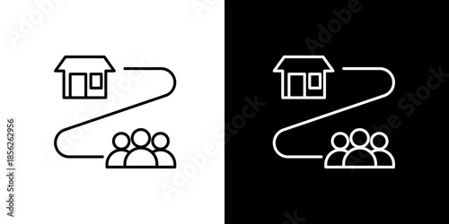 Set of icons representing a path from a group of people to a house, in both black and white versions