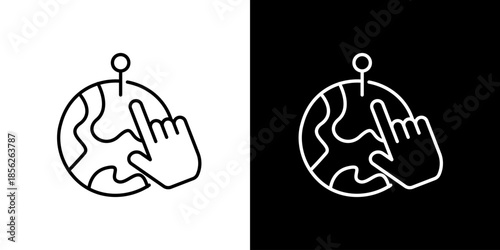Global digital connectivity map icon with hand cursor on earth and location pin, symbolizing worldwide network and international navigation