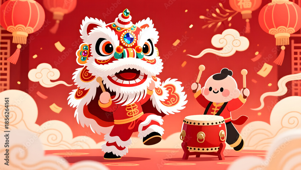 Fototapeta premium Lion dance with drummer Spring Festival illustration