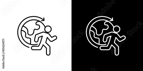 Vector outline icon illustrating a person running around the planet Earth with circular arrows, symbolizing global mobility, continuous activity, and international reach