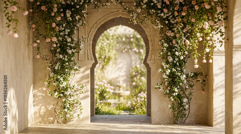 Fototapeta premium Enchanting Moroccan Archway Adorned with Lush White Flowers and Greenery.