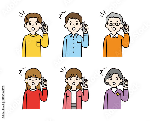 驚いた表情でスマホで通話する、様々な年齢の人物のベクターイラスト素材セット＿カラー