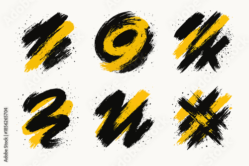 Abstract Black & Yellow Brushstroke Symbols Grid — Numbers & Symbols Art vector